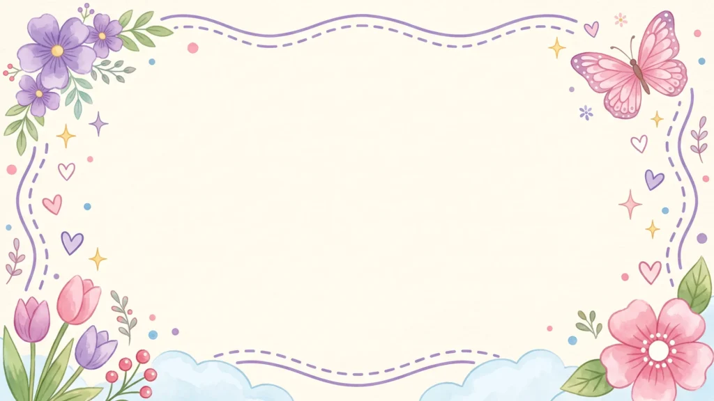 Cute Floral Frame Background for Google Slides with Purple Flowers and Pink Butterfly