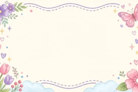 Cute Floral Frame Background for Google Slides with Purple Flowers and Pink Butterfly