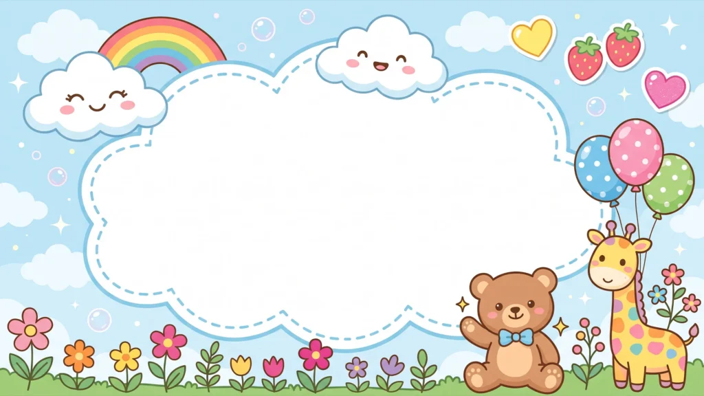 Cute Cloud Frame Background for Google Slides with a Balloon Giraffe, Teddy Bear and Smiling Rainbow