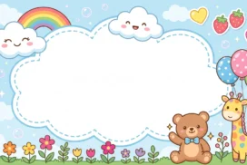 Cute Cloud Frame Background for Google Slides with a Balloon Giraffe, Teddy Bear and Smiling Rainbow
