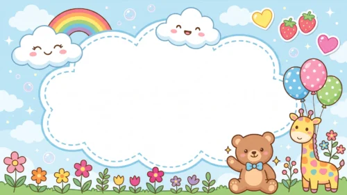 Cute cloud frame background for Google Slides with a dashed white cloud, rainbow, balloon giraffe, teddy bear and flowers on a light blue sky