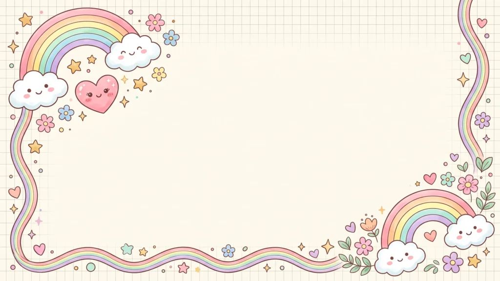 Cute Rainbow Frame Background For Google Slides With Smiling Clouds And A Pink Heart