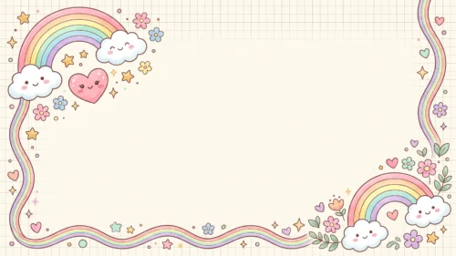 Cute rainbow frame background on cream grid paper with smiling clouds, a pink heart, flowers and a wavy rainbow border