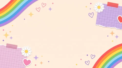 Cute Rainbow Frame Background for Google Slides with Lilac Grid Paper Scraps, Daisies and Hearts Cute Rainbow Frame Background for Google Slides with Lilac Grid Paper Scraps, Daisies and Hearts