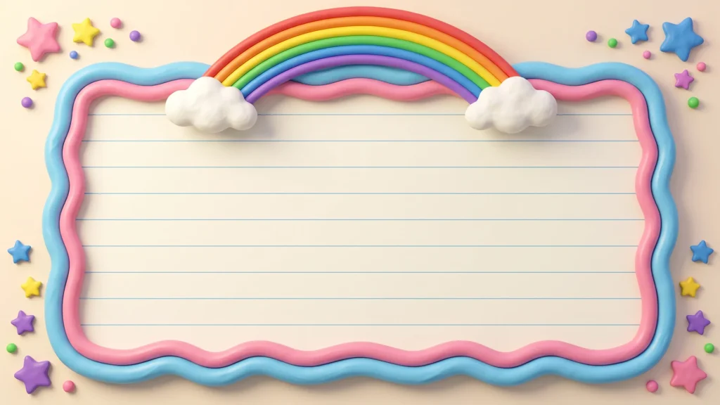 Cute Rainbow School Frame Background For Google Slides With A Wavy Pink And Blue Clay Border