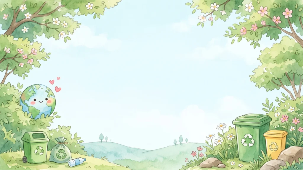Cute Ecology Frame Background for Google Slides with a Smiling Earth, Recycling Bins and Blossom Trees