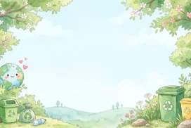 Cute Ecology Frame Background for Google Slides with a Smiling Earth, Recycling Bins and Blossom Trees
