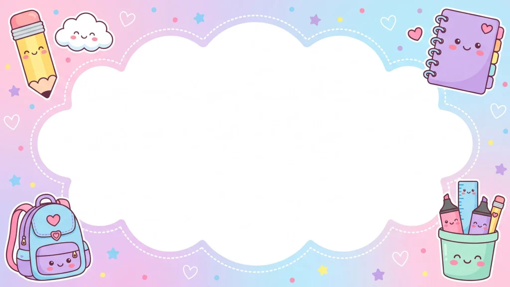 Cute School Cloud Frame Background For Google Slides With Kawaii Pencil And Backpack