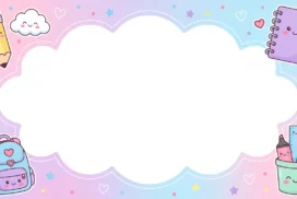 Cute School Cloud Frame Background For Google Slides With Kawaii Pencil And Backpack