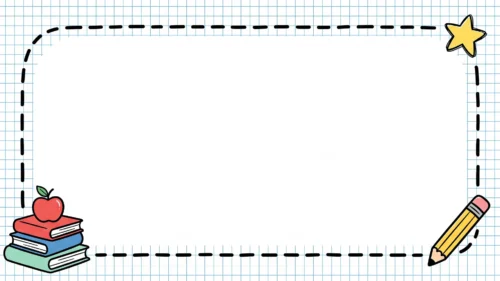 Blue grid paper school background with a dashed frame, apple on books, pencil and star for PowerPoint