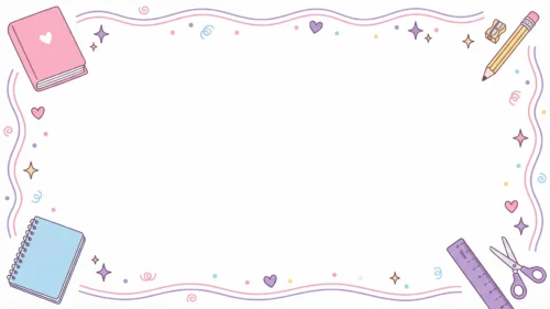 Cute school frame background for PowerPoint with wavy pink and lilac lines, a heart book, spiral notebook, pencil, ruler and scissors on white
