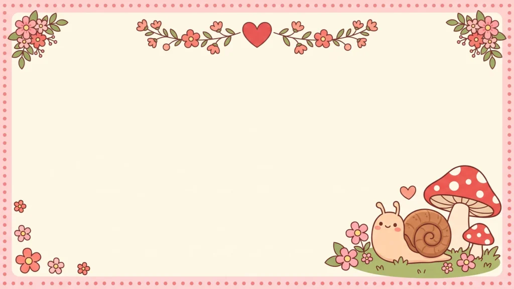 Cute Mushroom Frame Background for Google Slides with a Smiling Snail, Flower Garland and a Pink Dotted Border