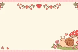 Cute Mushroom Frame Background for Google Slides with a Smiling Snail, Flower Garland and a Pink Dotted Border