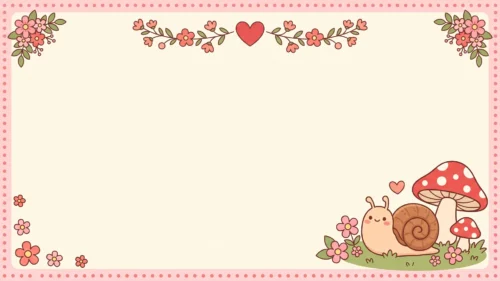 Cute Mushroom Frame Background for Google Slides with a Smiling Snail, Flower Garland and a Pink Dotted Border Cute Mushroom Frame Background for Google Slides with a Smiling Snail, Flower Garland and a Pink Dotted Border