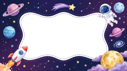 Cute Space School Frame Background for PowerPoint with a Floating Astronaut, Comet and Wavy White Frame Cute Space School Frame Background for PowerPoint with a Floating Astronaut, Comet and Wavy White Frame