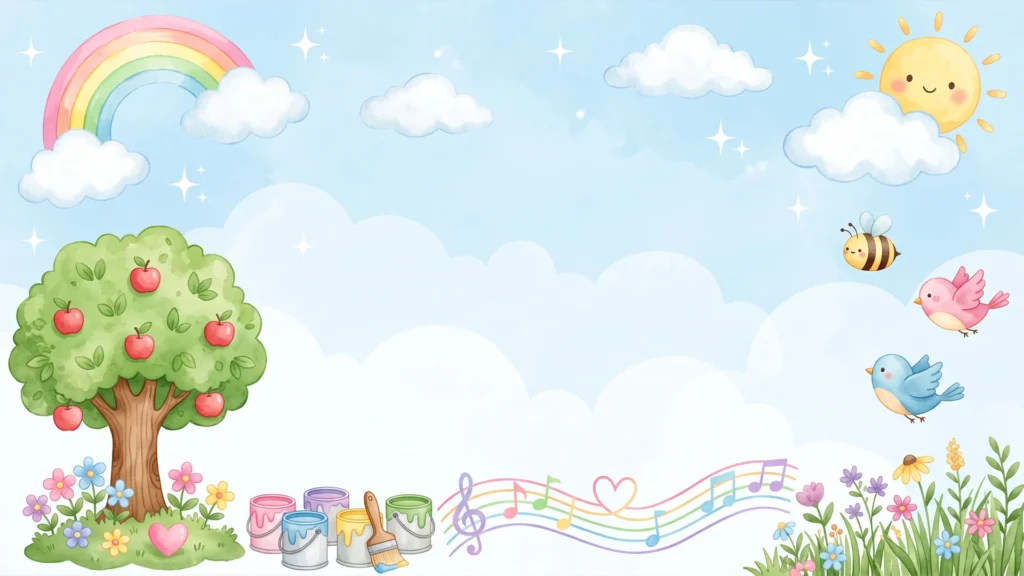 Cute Spring School Frame Background for Google Slides with Apple Tree, Rainbow and Smiling Sun