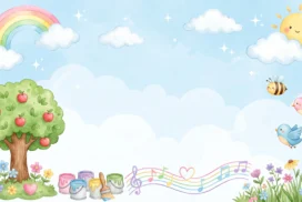 Cute Spring School Frame Background for Google Slides with Apple Tree, Rainbow and Smiling Sun