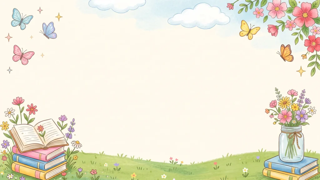 Cute Spring Frame Background for PowerPoint with Wildflower Book Stacks, Butterflies and a Cream Sky