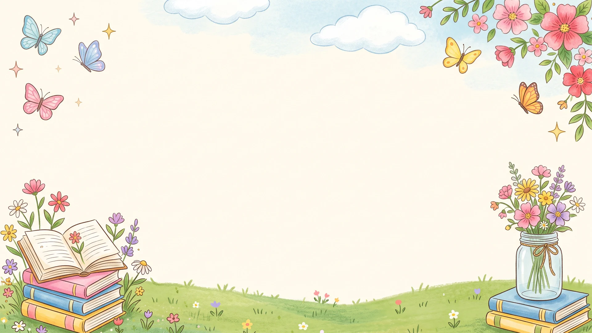 Cute spring frame background for PowerPoint, cream sky with clouds, butterflies, blossoms, book stacks with wildflowers and a flower jar in the bottom corners