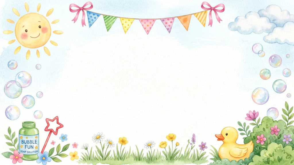 Cute Spring Frame Background For Google Slides With A Smiling Sun, Bubbles And Rubber Duck
