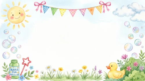 Cute Spring Frame Background For Google Slides With A Smiling Sun, Bubbles And Rubber Duck Cute Spring Frame Background For Google Slides With A Smiling Sun, Bubbles And Rubber Duck