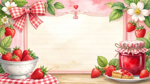 Cute Strawberry Frame Background for Google Slides with Gingham Bow and Jam Jar Cute Strawberry Frame Background for Google Slides with Gingham Bow and Jam Jar