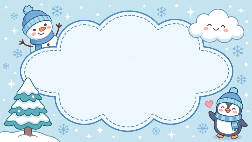 Cute Winter Frame Background For Google Slides With A Snowman And Penguin