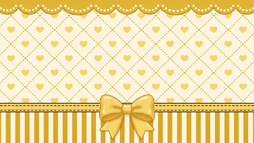 Cute Yellow Background For Google Slides With A Heart Lattice And Glossy Gold Bow