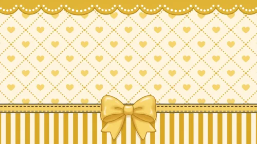 Cute yellow background for Google Slides with a gold heart diamond lattice on cream, scalloped lace top edge, striped bottom band and a glossy bow