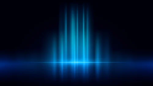 Dark blue background with glowing vertical light beams rising from a horizon line for PowerPoint