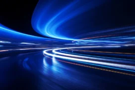 Dark Blue Light Background For PowerPoint With Curved Speed Trails On A Glossy Road