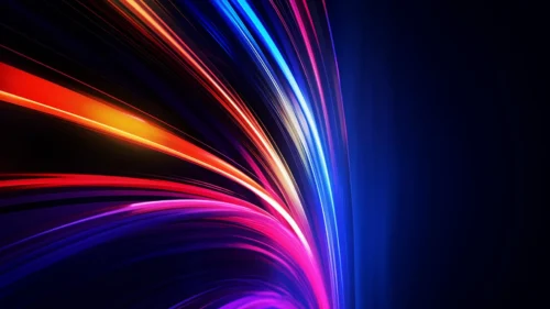 Dark abstract light background for PowerPoint with fanned orange, magenta, violet and blue light streaks from the lower left and a deep blue right side