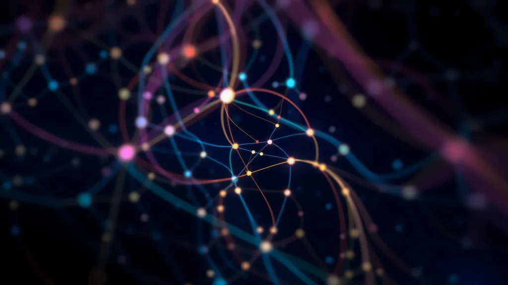 Abstract Network Background for PowerPoint with Colorful Curved Lines and Bokeh Nodes