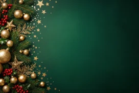 Green Christmas Background For Google Slides With Gold Baubles And Red Berries Down The Left