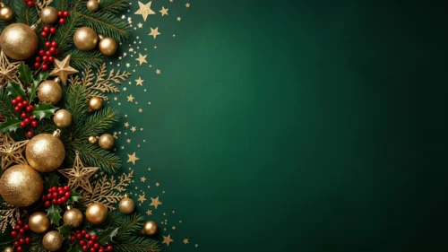 Green Christmas Background For Google Slides With Gold Baubles And Red Berries Down The Left Green Christmas Background For Google Slides With Gold Baubles And Red Berries Down The Left