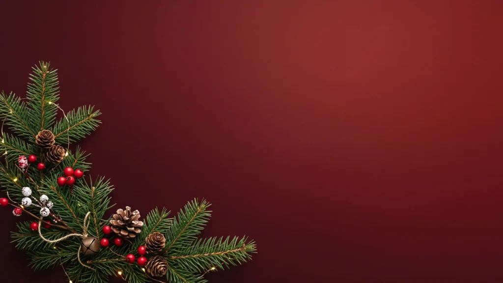 Dark Red Christmas Background For PowerPoint With A Fir Sprig, Pinecones And Red Berries