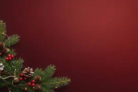Dark Red Christmas Background For PowerPoint With A Fir Sprig, Pinecones And Red Berries