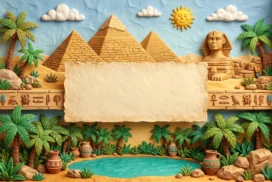 Egyptian Pyramids Frame Background for PowerPoint with Clay Palm Trees, a Smiling Sun and Hieroglyph Friezes
