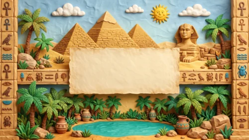 Egyptian Pyramids Frame Background for PowerPoint with Clay Palm Trees, a Smiling Sun and Hieroglyph Friezes Egyptian Pyramids Frame Background for PowerPoint with Clay Palm Trees, a Smiling Sun and Hieroglyph Friezes