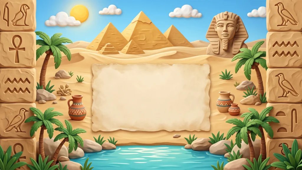 Egyptian School Frame Background for PowerPoint with Hieroglyph Stone Pillars, a Right Sphinx and a Papyrus Panel