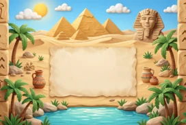 Egyptian School Frame Background for PowerPoint with Hieroglyph Stone Pillars, a Right Sphinx and a Papyrus Panel