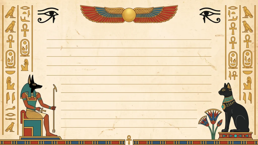 Egyptian Lined Paper Background for PowerPoint with Anubis, Bastet and a Winged Sun Disc