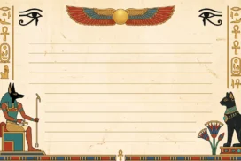 Egyptian Lined Paper Background for PowerPoint with Anubis, Bastet and a Winged Sun Disc