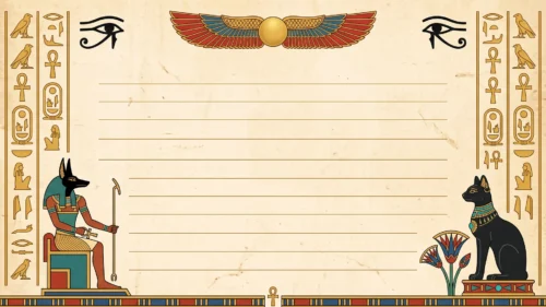Egyptian lined paper background for PowerPoint with Anubis, a black Bastet cat, eyes of Horus, winged sun disc and gold hieroglyph columns on cream papyrus