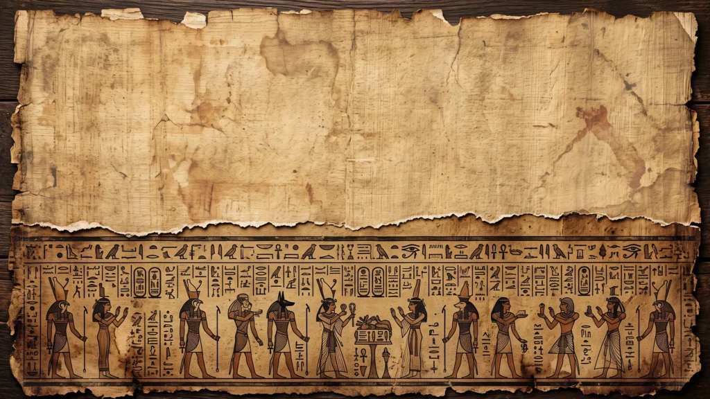 Egyptian Papyrus Background for PowerPoint with a Torn Edge and Hieroglyph Figure Frieze