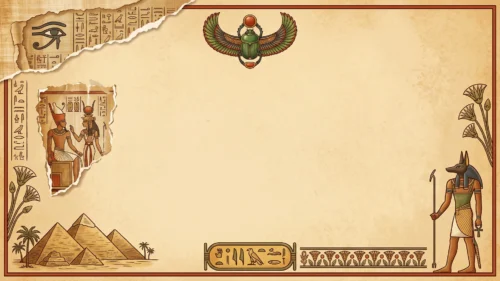 Egyptian papyrus frame background for PowerPoint with a winged scarab, torn hieroglyph fragments, pyramids and Anubis on beige paper