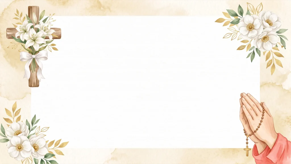 Communion Cross Frame Background for PowerPoint with White Lilies, Praying Hands and Gold Leaves