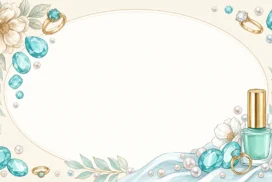 Gemstone Jewelry Frame Background for PowerPoint with Aqua Gems, Pearls, Gold Rings and Mint Nail Polish