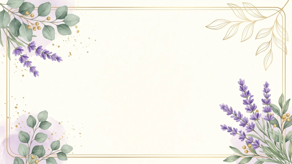 Lavender Frame Background for Google Slides with Eucalyptus Leaves and a Thin Gold Double Border
