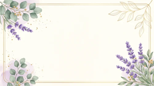 Lavender frame background for Google Slides with watercolor lavender, eucalyptus leaves and a thin gold double border
